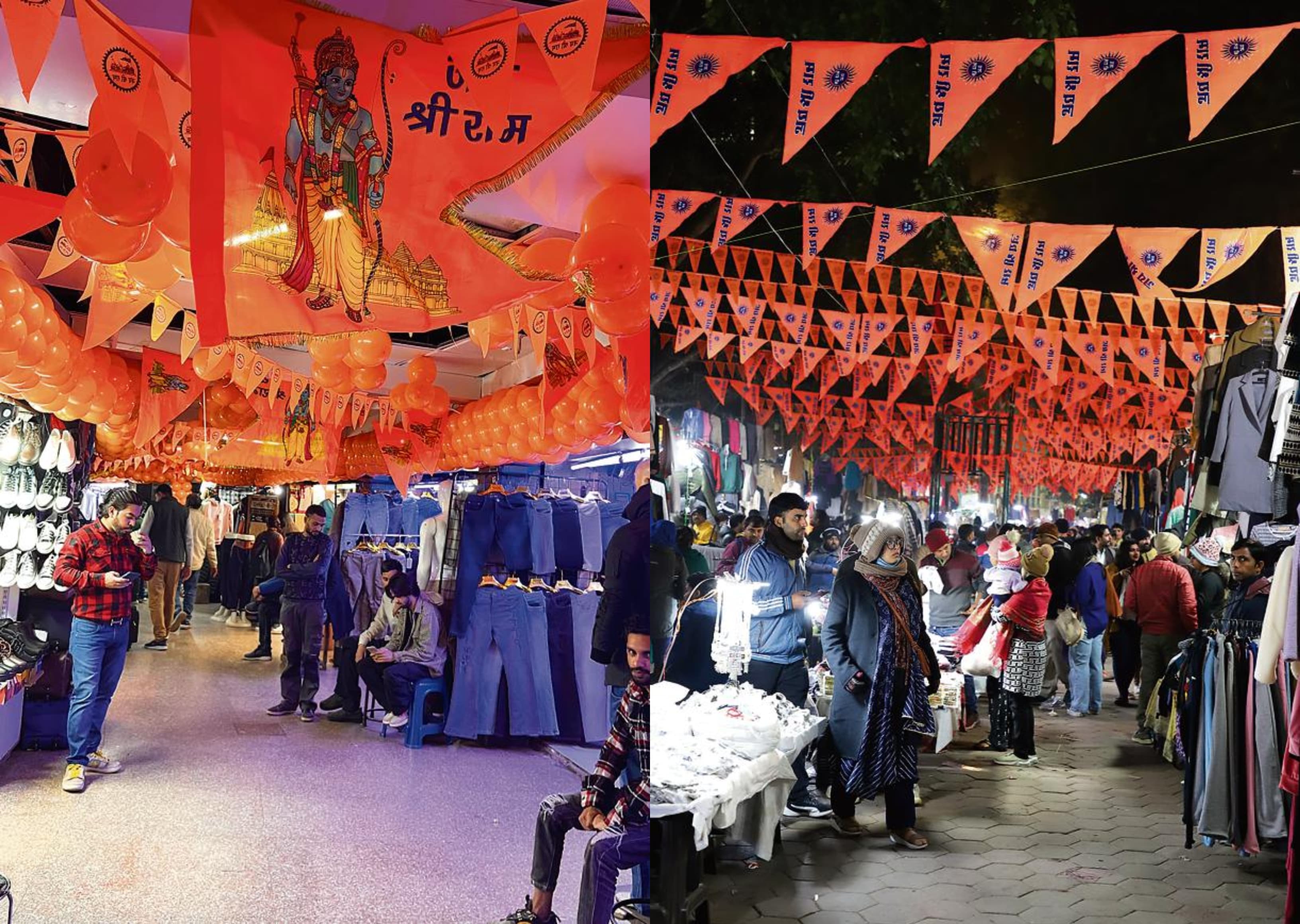 पालिका बाजार (बाएं) और जनपथ (दाएं) को नारंगी बैनरों, गुब्बारों और स्ट्रीमर से सजाया गया है। (फोटो: शांतनु भट्टाचार्य/एचटी)